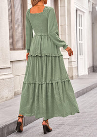 PRETTYGARDEN Women Fall Long Sleeve Smocked Maxi Dress Casual Square Neck Swiss Dot Tiered Ruffle Flowy Spring Pocket Dresses