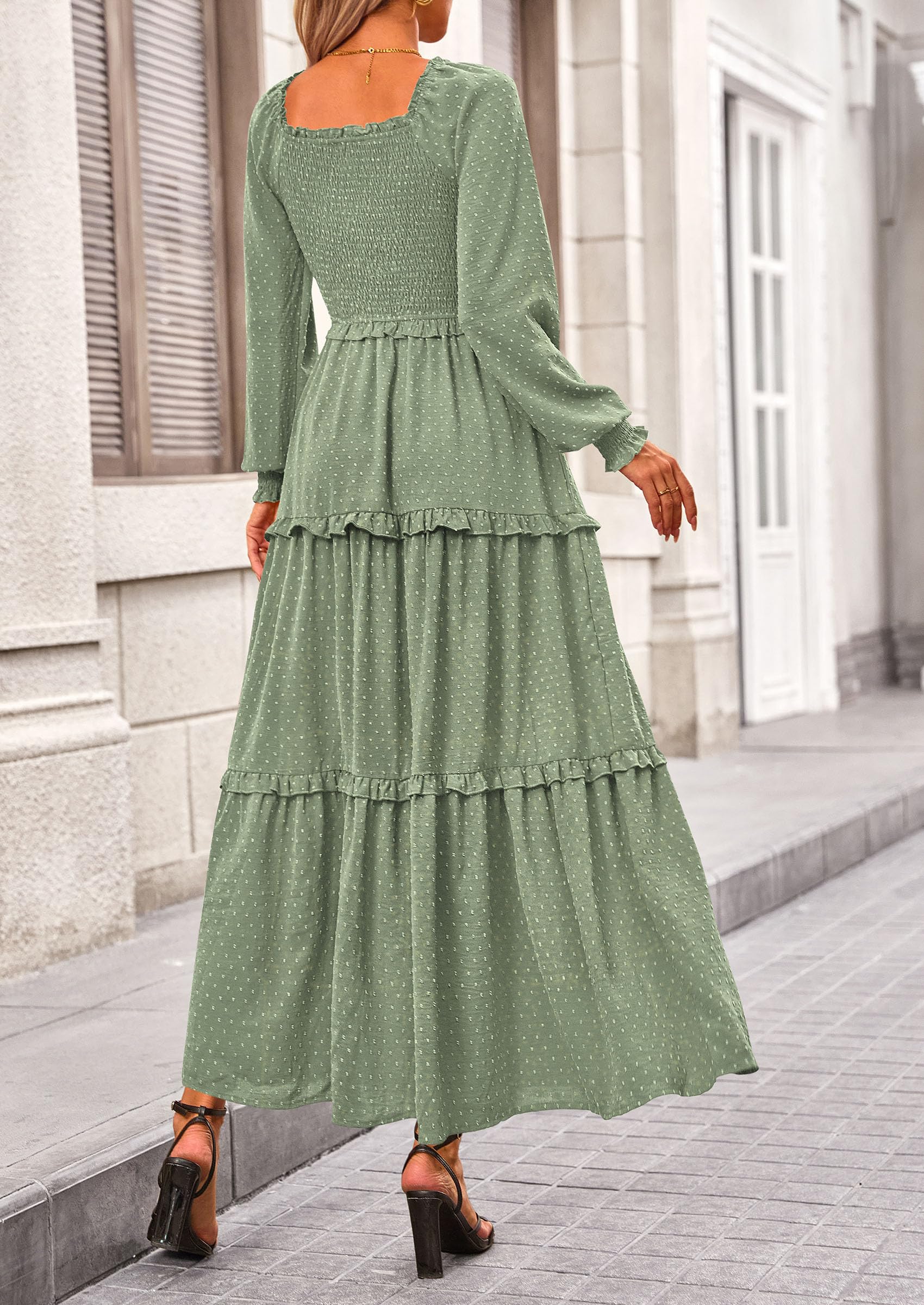 PRETTYGARDEN Women Fall Long Sleeve Smocked Maxi Dress Casual Square Neck Swiss Dot Tiered Ruffle Flowy Spring Pocket Dresses