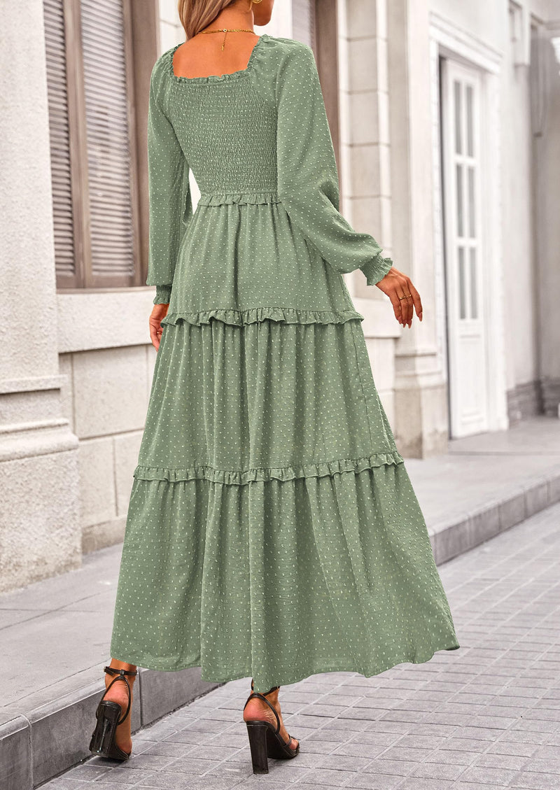 PRETTYGARDEN Women Fall Long Sleeve Smocked Maxi Dress Casual Square Neck Swiss Dot Tiered Ruffle Flowy Spring Pocket Dresses