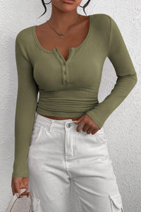 Long Sleeve Henley Button Down Ribbed Knit Slim Fit Casual T-shirts