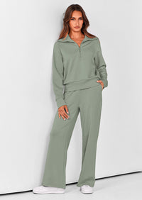 PRETTYGARDEN Women's 2 Piece Outfits Casual Lapel Half Zip Sweatshirts And Wide Leg Pants Tracksuit Sets