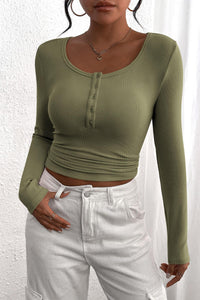 Long Sleeve Henley Button Down Ribbed Knit Slim Fit Casual T-shirts