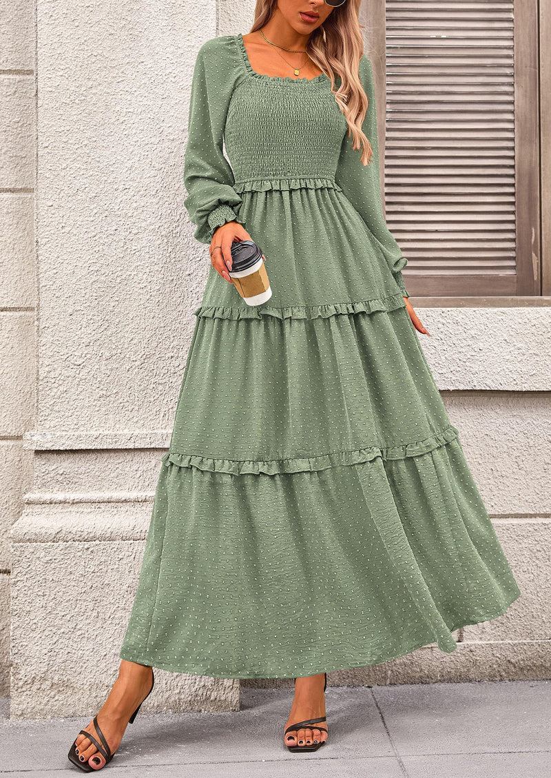 PRETTYGARDEN Women Fall Long Sleeve Smocked Maxi Dress Casual Square Neck Swiss Dot Tiered Ruffle Flowy Spring Pocket Dresses