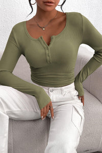 Long Sleeve Henley Button Down Ribbed Knit Slim Fit Casual T-shirts