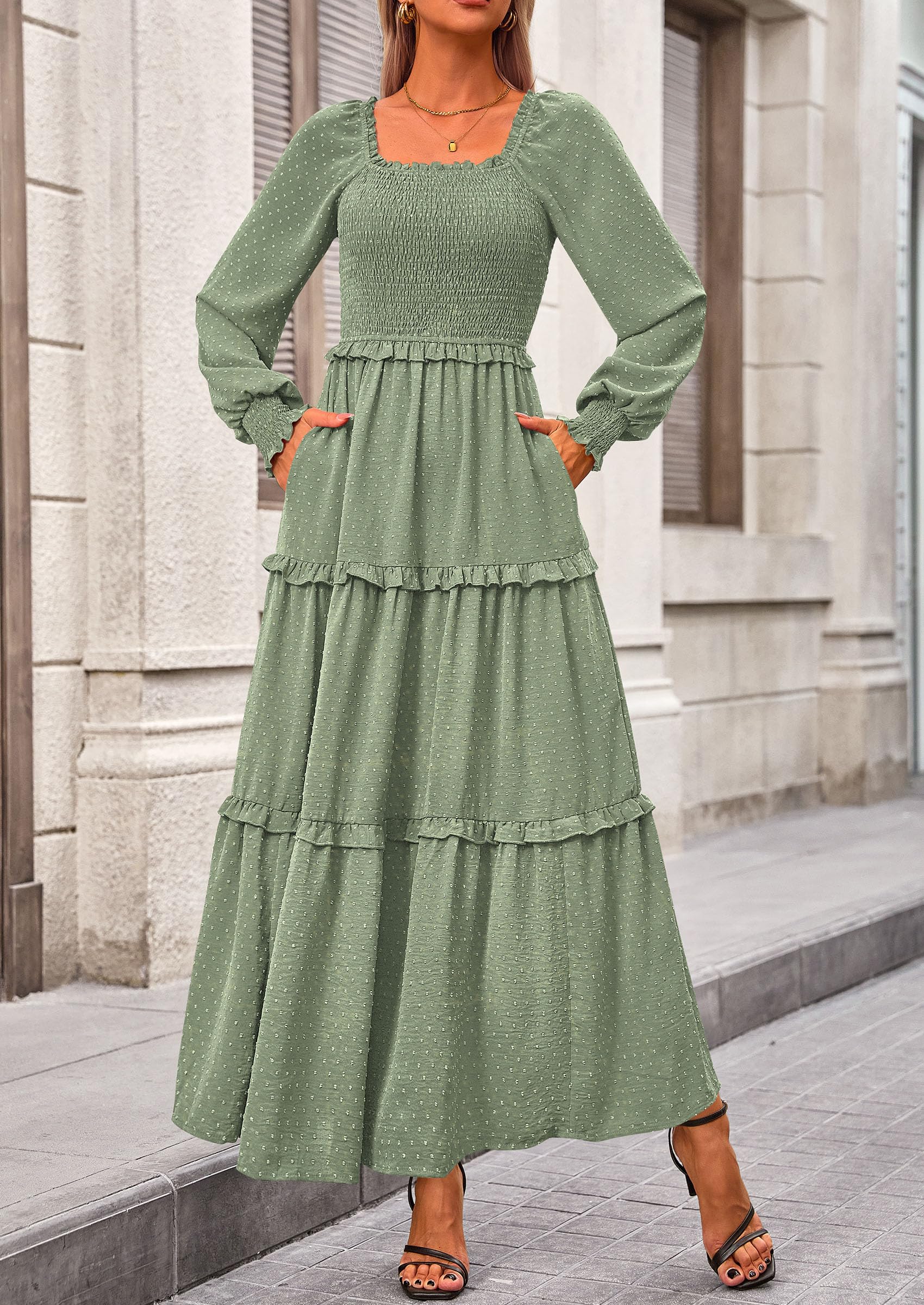 PRETTYGARDEN Women Fall Long Sleeve Smocked Maxi Dress Casual Square Neck Swiss Dot Tiered Ruffle Flowy Spring Pocket Dresses