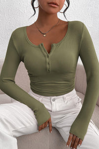 Long Sleeve Henley Button Down Ribbed Knit Slim Fit Casual T-shirts
