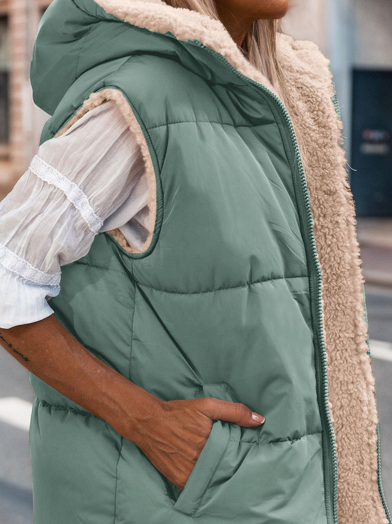 PRETTYGARDEN Womens Fall Reversible Vests Sleeveless Fleece Jacket Zip Up Hoodie Pockets Long Warm Winter Coat Outerwear