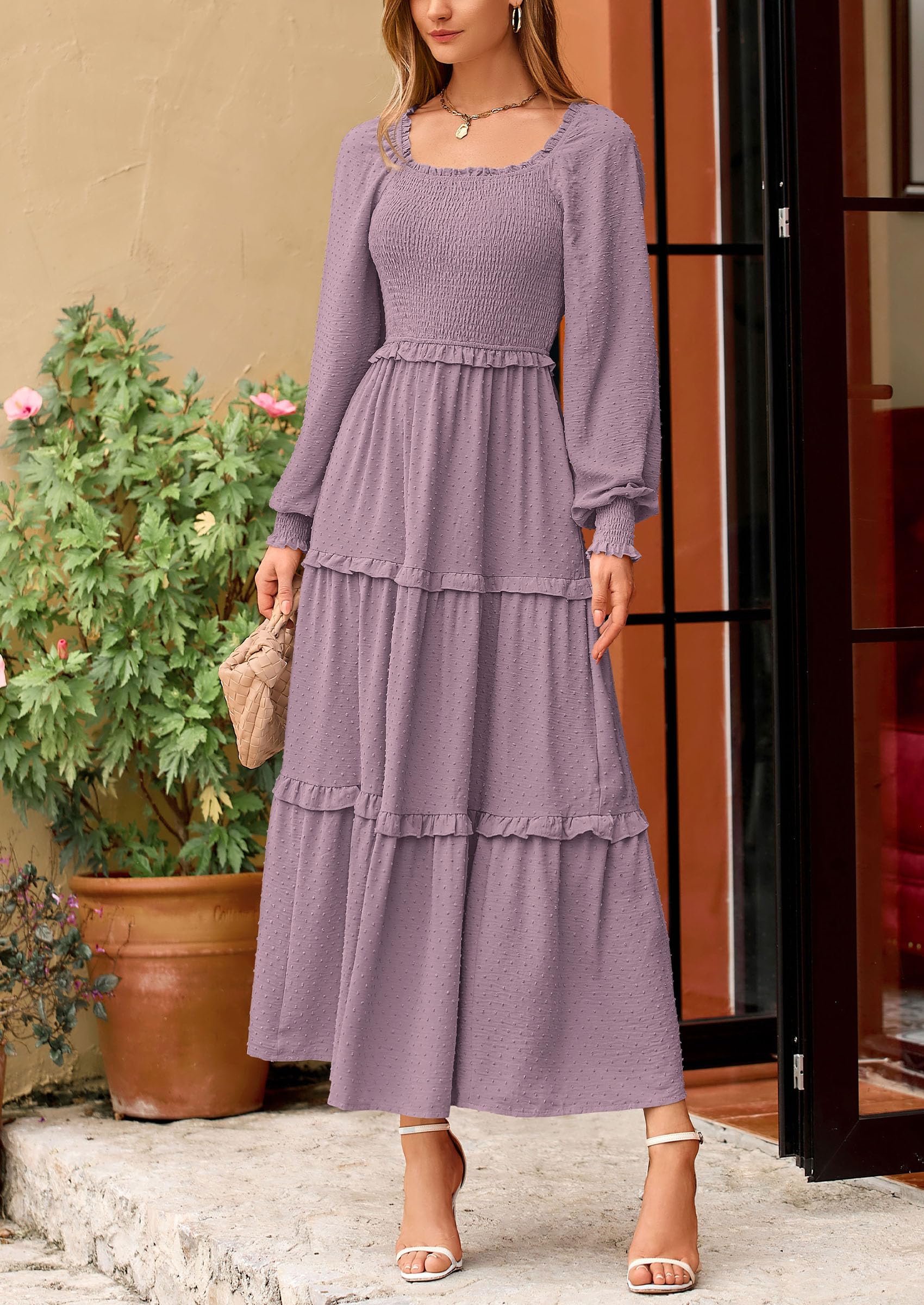 PRETTYGARDEN Women Fall Long Sleeve Smocked Maxi Dress Casual Square Neck Swiss Dot Tiered Ruffle Flowy Spring Pocket Dresses