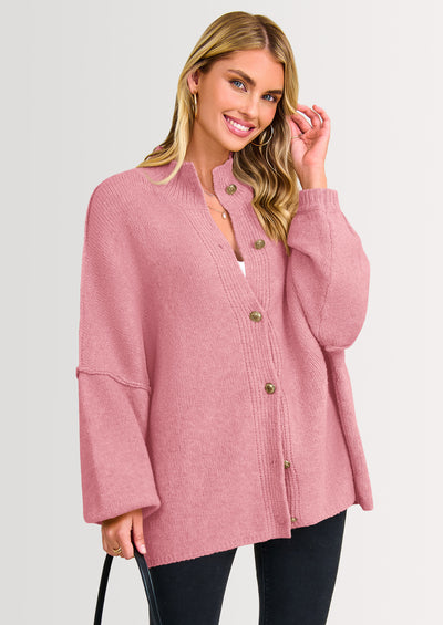 PRETTYGARDEN Women's Winter Button Down Cardigan Sweaters Mock Neck Lantern Long Sleeve Chunky Knit Jacket Trendy Outerwear