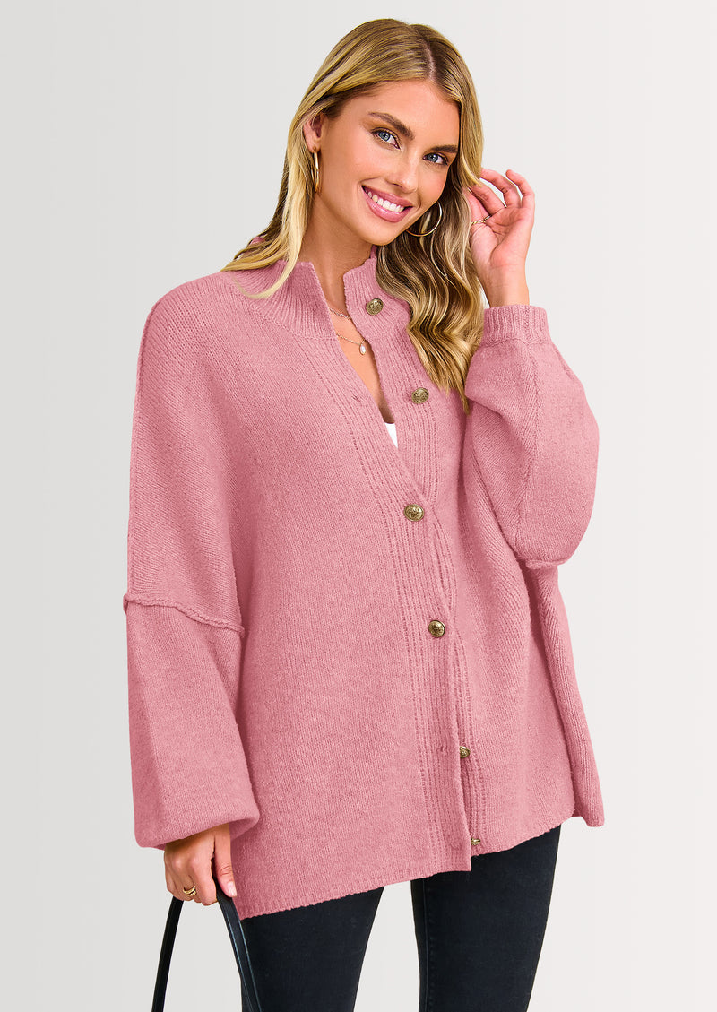 PRETTYGARDEN Women's Winter Button Down Cardigan Sweaters Mock Neck Lantern Long Sleeve Chunky Knit Jacket Trendy Outerwear