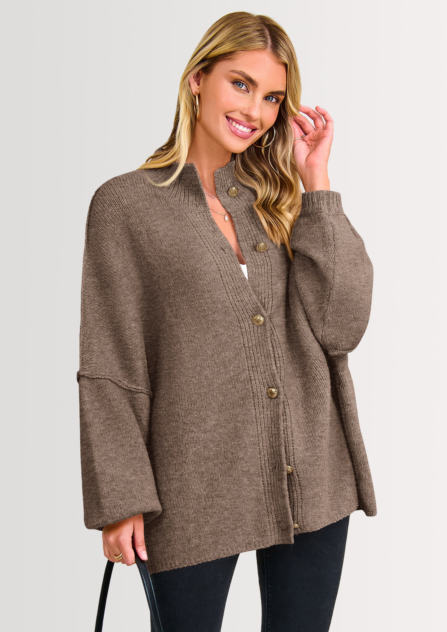 PRETTYGARDEN Women's Winter Button Down Cardigan Sweaters Mock Neck Lantern Long Sleeve Chunky Knit Jacket Trendy Outerwear