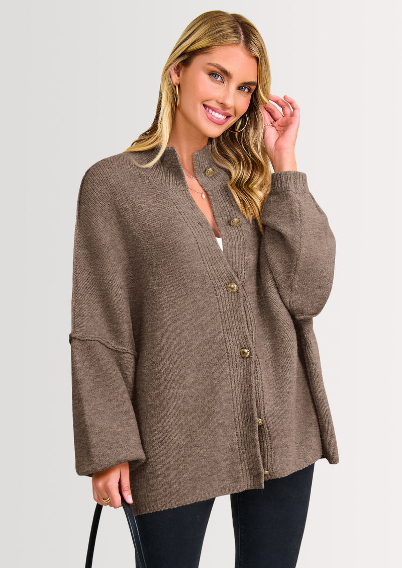 PRETTYGARDEN Women's Winter Button Down Cardigan Sweaters Mock Neck Lantern Long Sleeve Chunky Knit Jacket Trendy Outerwear