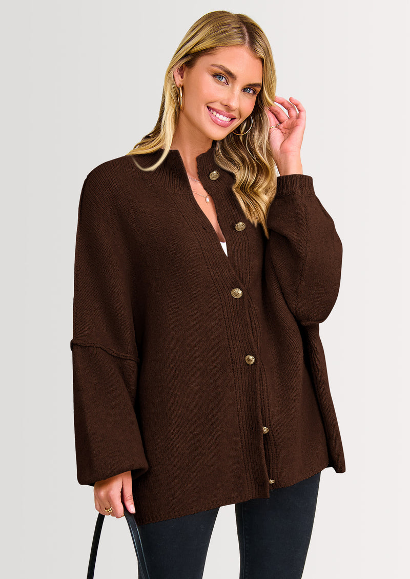 PRETTYGARDEN Women's Winter Button Down Cardigan Sweaters Mock Neck Lantern Long Sleeve Chunky Knit Jacket Trendy Outerwear