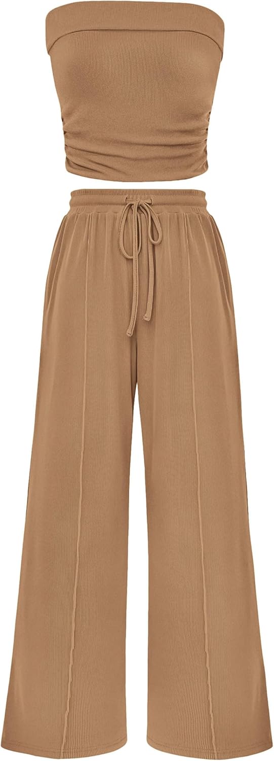 Casual Ribbed Knit Crop Tube Top Wide Leg Pants Two Piece Sets