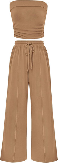 Casual Ribbed Knit Crop Tube Top Wide Leg Pants Two Piece Sets
