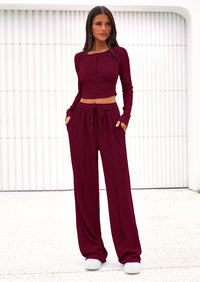 PRETTYGARDEN Women's Fall Trendy 2 Piece Outfits Lounge Sets Long Sleeve Top Henley Shirts Wide Leg Pants Travel Clothes