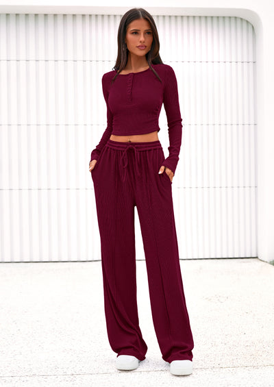 PRETTYGARDEN Women's Fall Trendy 2 Piece Outfits Lounge Sets Long Sleeve Top Henley Shirts Wide Leg Pants Travel Clothes