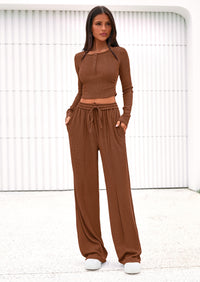 PRETTYGARDEN Women's Fall Trendy 2 Piece Outfits Lounge Sets Long Sleeve Top Henley Shirts Wide Leg Pants Travel Clothes