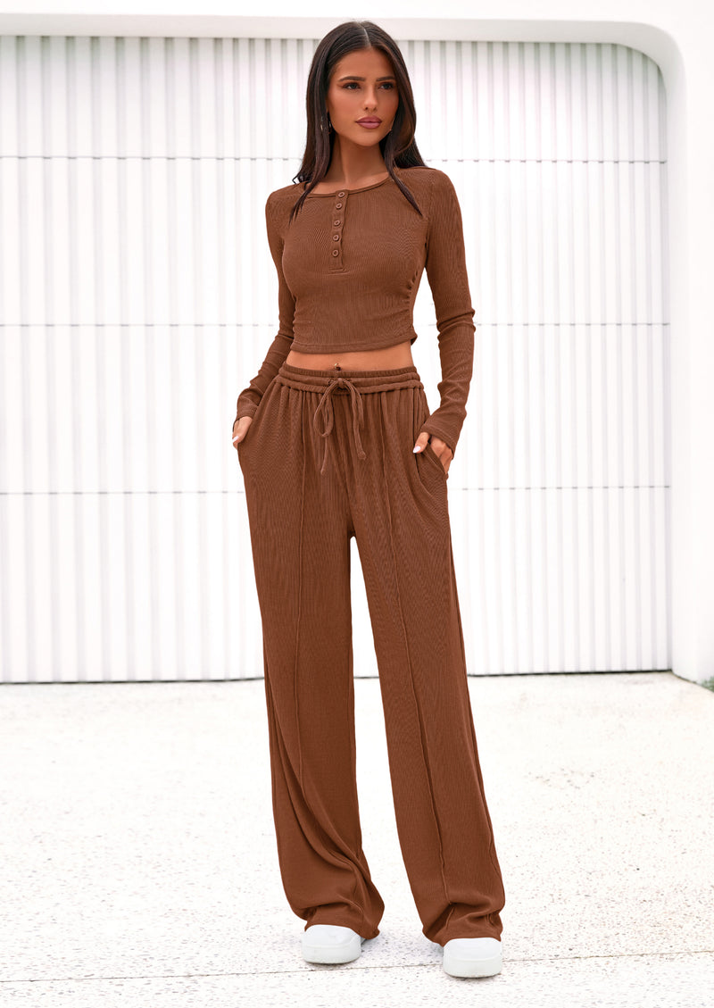 PRETTYGARDEN Women's Fall Trendy 2 Piece Outfits Lounge Sets Long Sleeve Top Henley Shirts Wide Leg Pants Travel Clothes