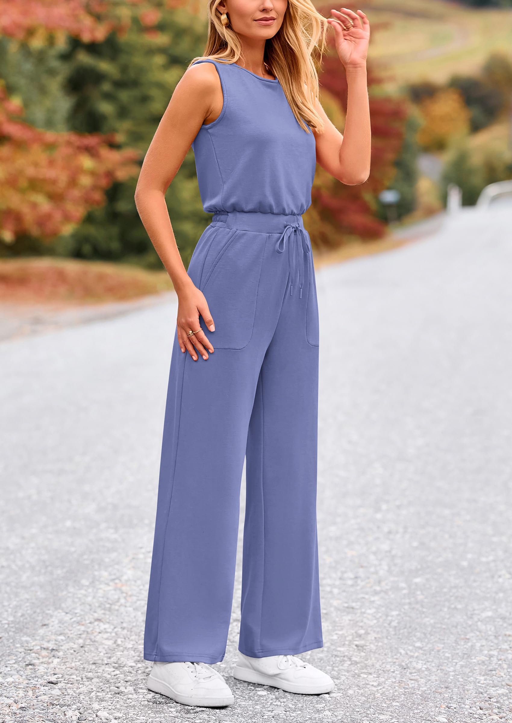 PRETTYGARDEN Jumpsuits Casual Outfits Sleeveless Wide Leg Long Pants Rompers
