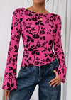 PRETTYGARDEN Women Long Sleeve Floral Mesh Tops Blouse  Fall Trendy Boat Neck Ruched Fitted Shirt Going Out Date Outfits