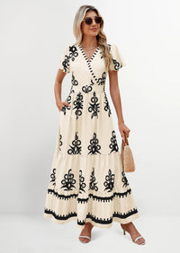 PRETTYGARDEN Womens Casual V Neck Boho Maxi Dress Flowy Aline Bell Sleeve Tiered Floral Dresses with Pocket