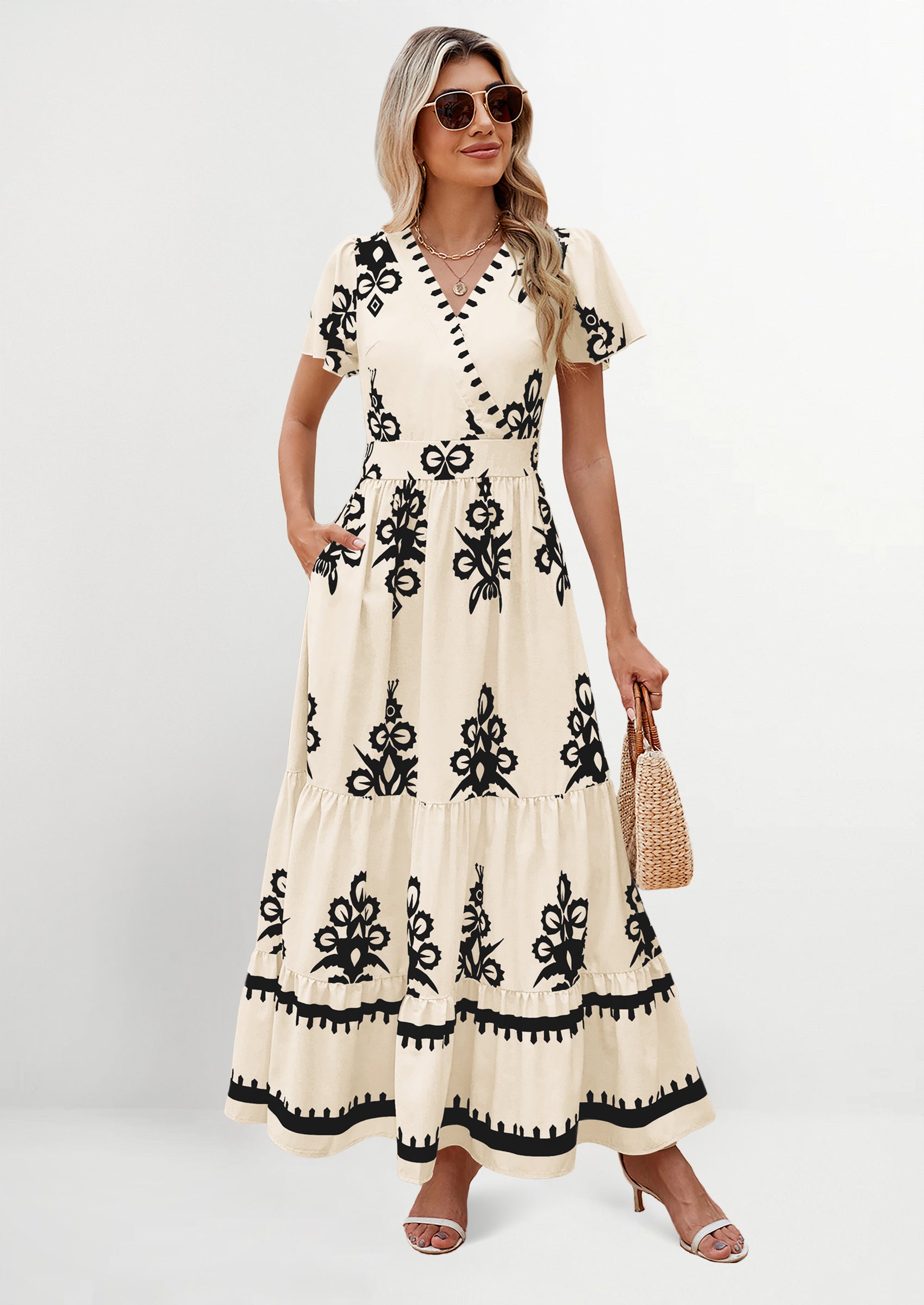 PRETTYGARDEN Womens Casual V Neck Boho Maxi Dress Flowy Aline Bell Sleeve Tiered Floral Dresses with Pocket