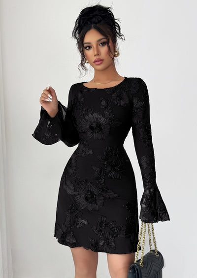 PRETTYGARDEN Women's Floral Embroidered Dress Fall Long Bell Sleeve Ribbon Flower Mini Short Mesh Bodycon Party Dresses