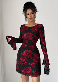 PRETTYGARDEN Women's Floral Embroidered Dress Fall Long Bell Sleeve Ribbon Flower Mini Short Mesh Bodycon Party Dresses