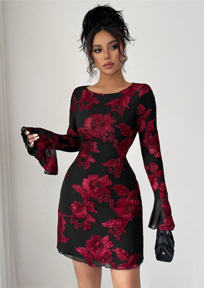 PRETTYGARDEN Women's Floral Embroidered Dress Fall Long Bell Sleeve Ribbon Flower Mini Short Mesh Bodycon Party Dresses
