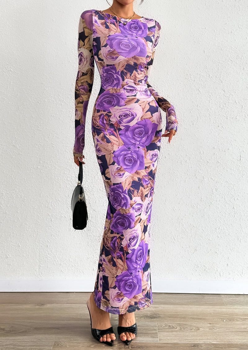 PRETTYGARDEN Bodycon Maxi Dress Fall Floral Long Sleeve Sexy Mesh Cocktail Wedding Guest Long Dresses
