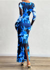 PRETTYGARDEN Bodycon Maxi Dress Fall Floral Long Sleeve Sexy Mesh Cocktail Wedding Guest Long Dresses