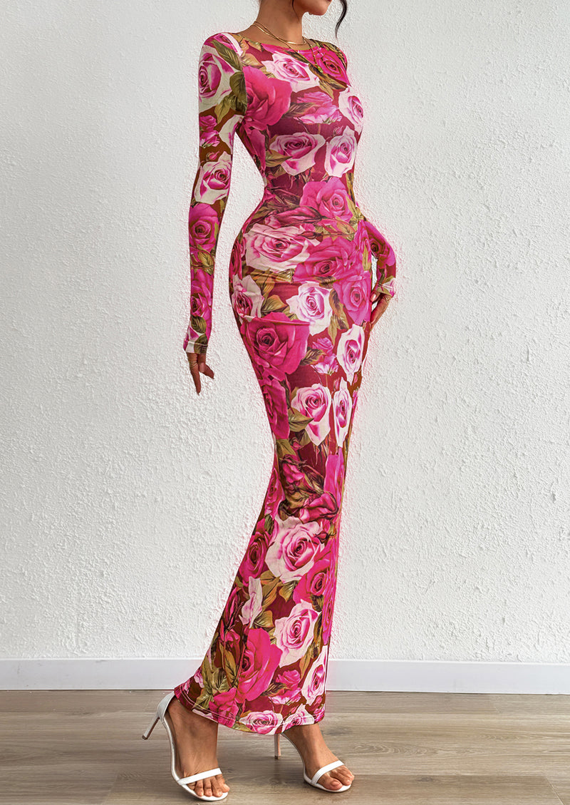 PRETTYGARDEN Bodycon Maxi Dress Fall Floral Long Sleeve Sexy Mesh Cocktail Wedding Guest Long Dresses