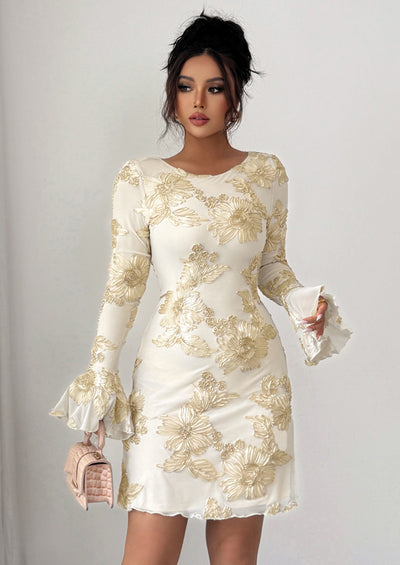 PRETTYGARDEN Women's Floral Embroidered Dress Fall Long Bell Sleeve Ribbon Flower Mini Short Mesh Bodycon Party Dresses
