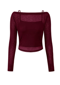 Boat Neck Long Sleeve Sheer Crop Cover Up with Spaghetti Strap Camisole 2 Piece Blouses