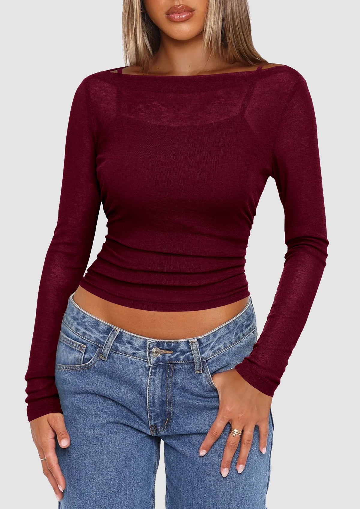 Boat Neck Long Sleeve Sheer Crop Cover Up with Spaghetti Strap Camisole 2 Piece Blouses