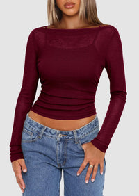 Boat Neck Long Sleeve Sheer Crop Cover Up with Spaghetti Strap Camisole 2 Piece Blouses
