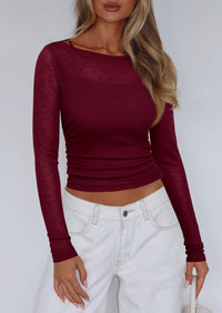 Boat Neck Long Sleeve Sheer Crop Cover Up with Spaghetti Strap Camisole 2 Piece Blouses