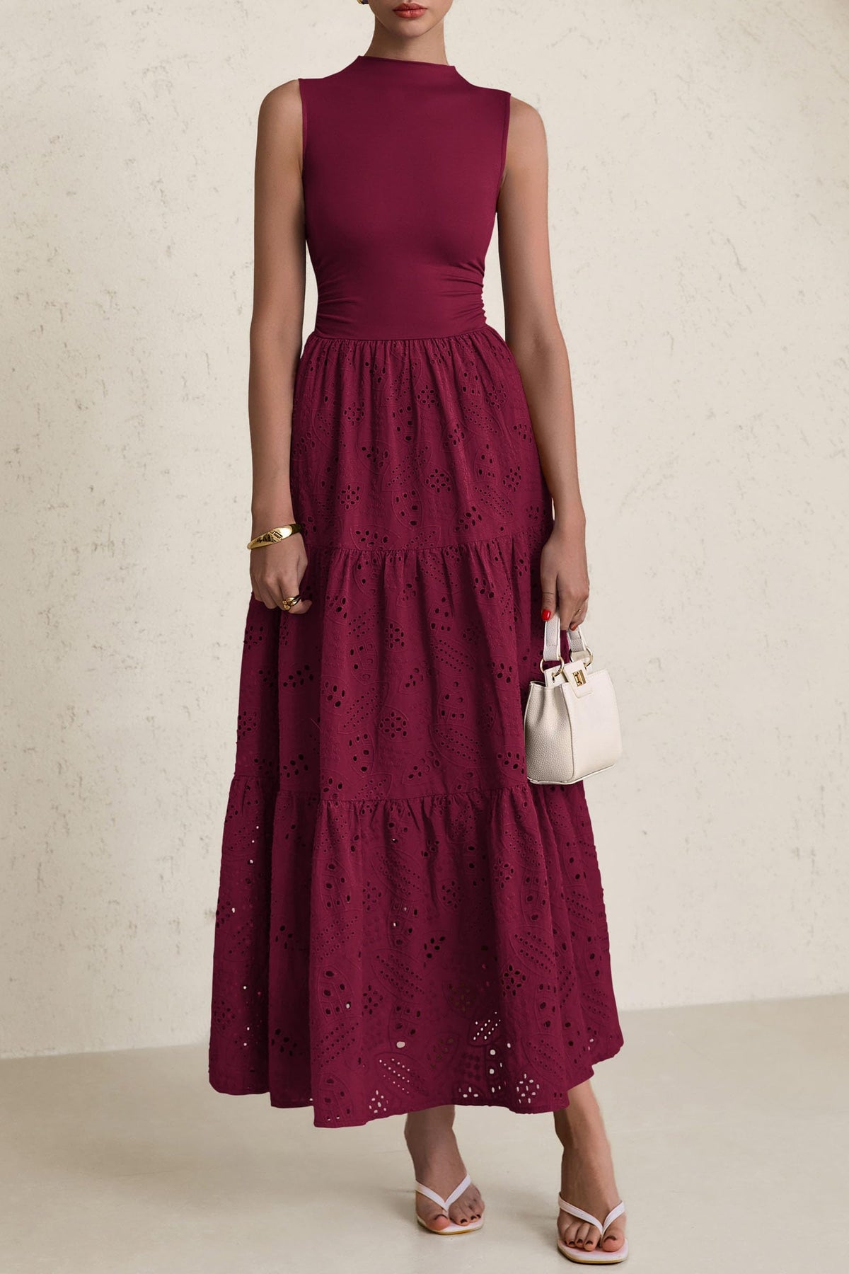 Casual Eyelet Sleeveless Maxi Dress with Pockets