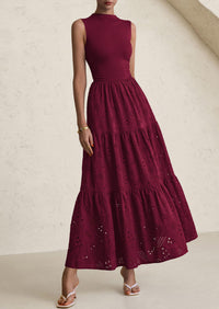 Casual Eyelet Sleeveless Maxi Dress with Pockets