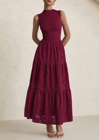 Casual Eyelet Sleeveless Maxi Dress with Pockets