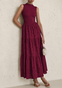 Casual Eyelet Sleeveless Maxi Dress with Pockets