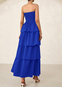 Off Shoulder Smocked Tiered Ruffle Long Flowy Casual Beach Maxi Dress