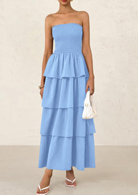 Off Shoulder Smocked Tiered Ruffle Long Flowy Casual Beach Maxi Dress