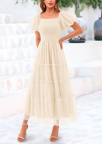 Smocked Tulle Puffy Short Sleeve Square Neck Ruffle Midi Dresses