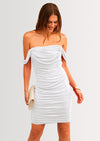 PRETTYGARDEN Summer Off Shoulder Dresses for Women Ruched Mesh Graduation Cocktail Party Bodycon Mini Short Dress
