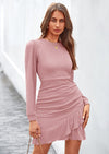 PRETTYGARDEN Women's Spring Fall Ruched Bodycon Mini Dress Long Puff Sleeve Ruffle Fitted Cocktail Party Dresses