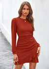 PRETTYGARDEN Women's Spring Fall Ruched Bodycon Mini Dress Long Puff Sleeve Ruffle Fitted Cocktail Party Dresses