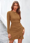 PRETTYGARDEN Women's Spring Fall Ruched Bodycon Mini Dress Long Puff Sleeve Ruffle Fitted Cocktail Party Dresses