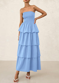 Off Shoulder Smocked Tiered Ruffle Long Flowy Casual Beach Maxi Dress
